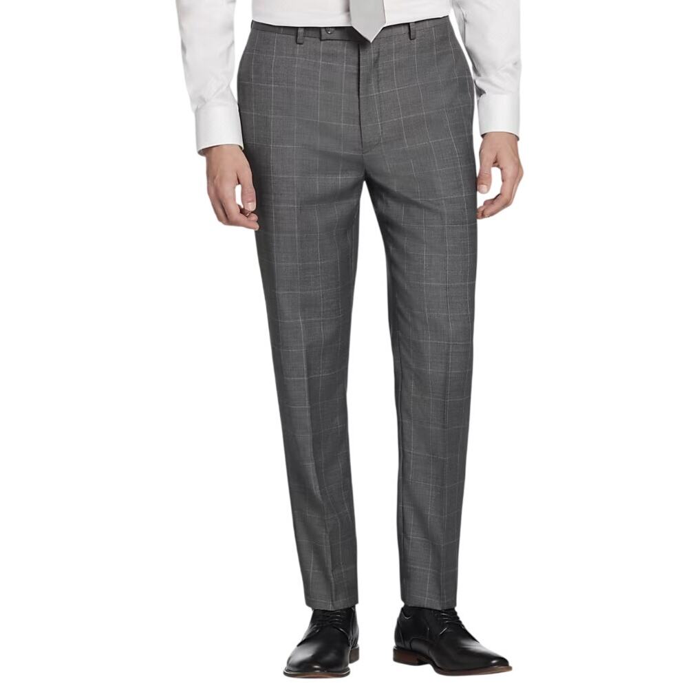 Calvin Klein Men's Slim Fit Wool Blend Gray Windowpane Pants 38W x 32L